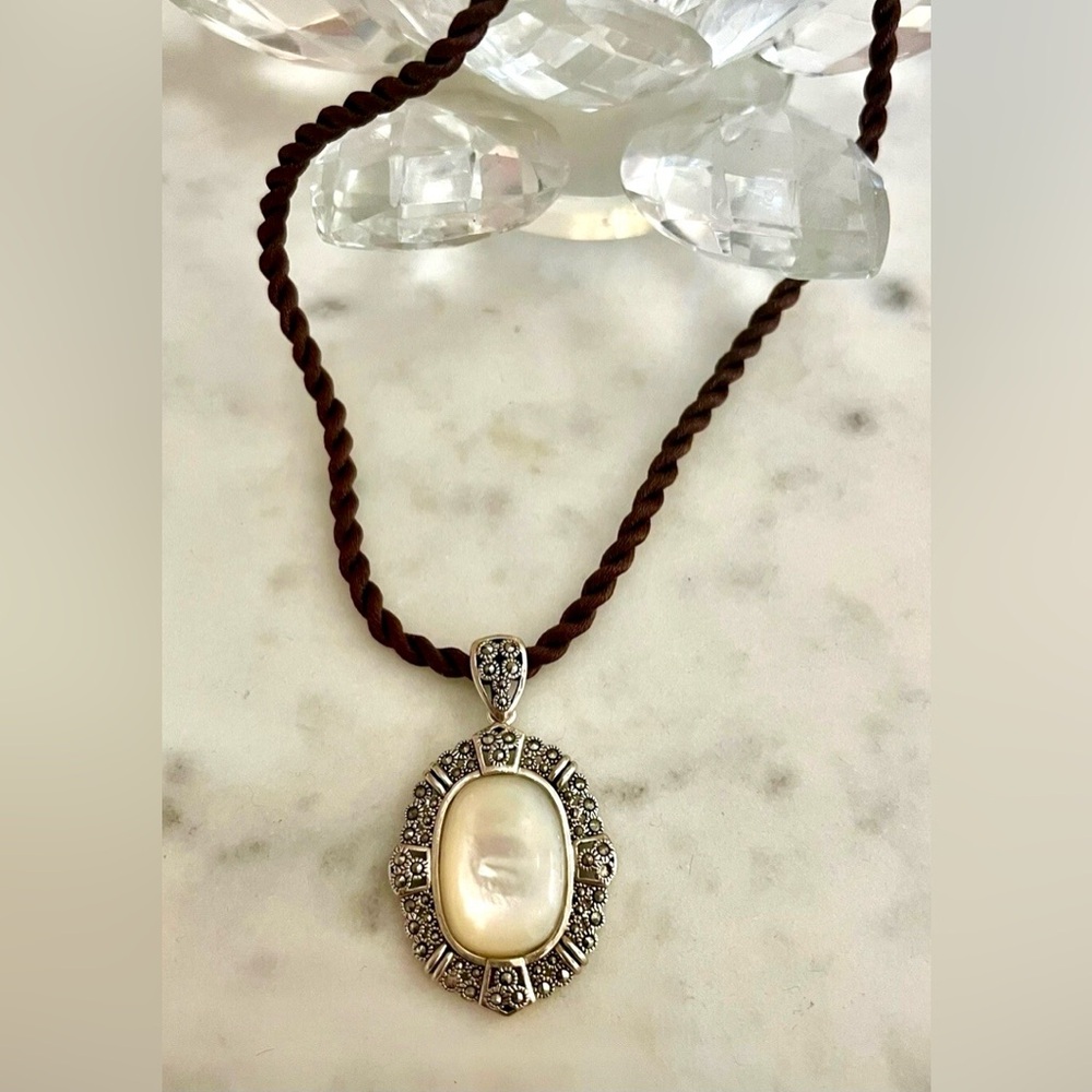 Vintage 925 Sterling Silver MOP Marcasite Statement Pendant 2in